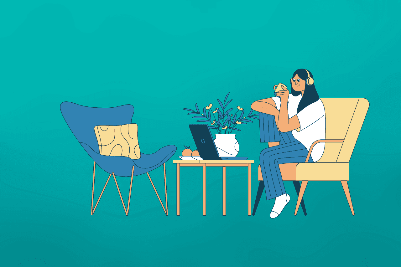 smart working, relax, home, indoor, computer, work, people, book, activities, stay home, woman, plant, interior, nature, small table, cushion, coffee, fruits, headphone, smart work